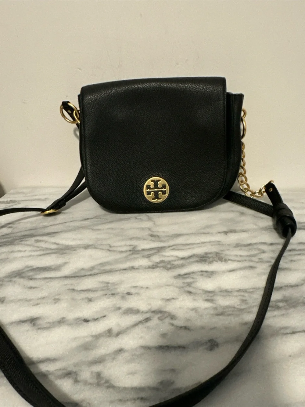 Tory Burch Black Pebbled Leather Crossbody Bag with Gold Logo Accent
